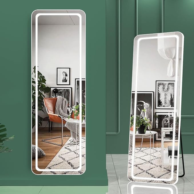 Hasipu Full Length Mirror with Lights, 56" x 16" LED Floor, Full Body Dressing Standing, Hanging Mounted Mirror, Round White