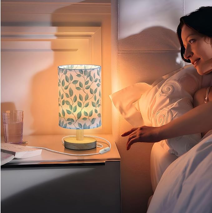 Fustylead Teal and Gray Leaves Botanical Bedside Table Lamps with USB Port for Bedroom Lamp Small Nightstand Lamp Sturdy Linen Shade Wooden Decorative Lamps for Living Room Home Dorm Kids