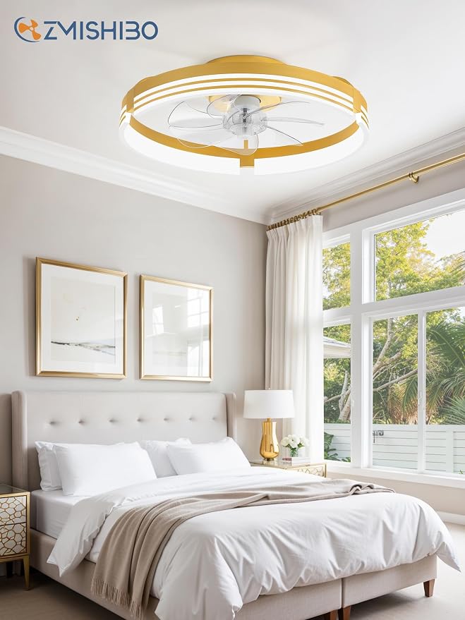 ZMISHIBO Low Profile Ceiling Fans with Lights and Remote, 20" Gold | 3000K-6000K Dimmable Fandelier LED, Flush Mount, 6 Wind Speeds, Reversible, Timer, Bedroom, Living Room, Kitchen, Kids Room