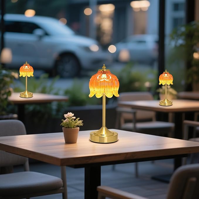 Cordless Table Lamp, Rechargeable Honey Glass Lotus Flower Lamp | 5200mAh touch lamp with 3 color modes and stepless dimming, battery operated lamp for nightstands and kitchen counters