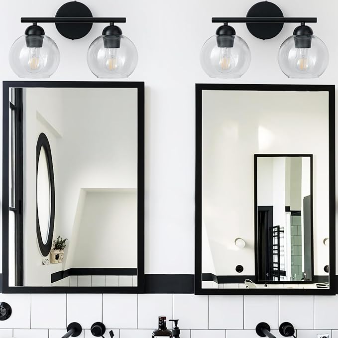 Black Bathroom Light Fixtures, 2 Light Bathroom Vanity Light with Globe Glass Shades, Modern Farmhouse Vanity Lights Over Mirror, Matte Black Wall Lights for Bedroom Restroom, E26 Socket