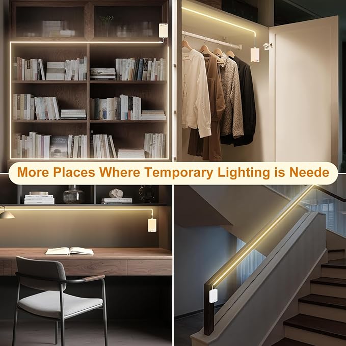 OMIKA COB Motion Activated LED Strip Light, 6.56ft 640LEDs 4000K Natural White Rechargeable Night Light, Safe Tape Light for Cupboard, Bed, Shelves, Wardrobe, Stairs, Pantry, 2 Pack