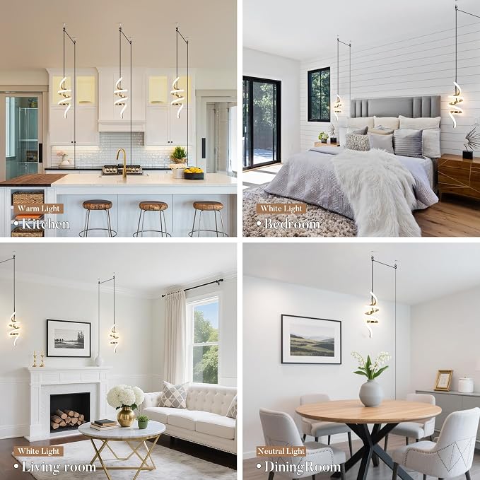 Plug in Pendant Light 3000~6000K Hanging Lights with Plug in Cord, Touch Switch Modern Pendant Light, Gold Hanging Lamps for Living Room, Kitchen, Dining Room, Bedroom,1 Pack