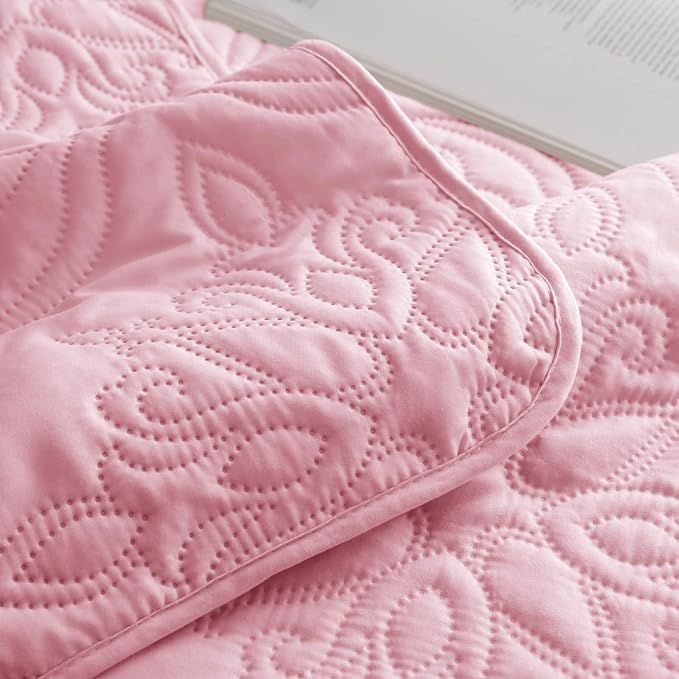 Whale Flotilla Queen Quilt Bedding Set Vintage Damask Reversible Bedspread | Suitable for Bed, 3 Pieces Pink Lightweight Breathable Quilts Queen Size, Ultrasonic Coverlet Bed Cover with 2 Pillow Shams
