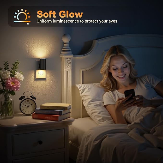 JandCase LED Night Light Plug in, Rotating Night Lights Plug into Wall Warm | Dusk to Dawn Sensor, 2 Level Brightness Adjustable Nightlight, 4 Pack, Warm White 3000K, for Bathroom Bedroom Hallway Stairs