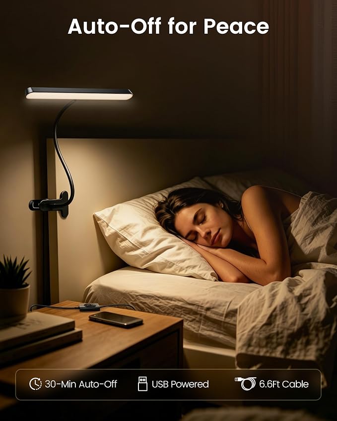 Glocusent 7W Clip on Light, 57 LED Reading Light for Bed, Amber Mode &Timer | 5 Brightness & 3 Colors for Bedside, 2.75" Clamp & 30Min Timer, USB Powered Clip on Lamp for Bunk/Headboard/Table/Work/Craft