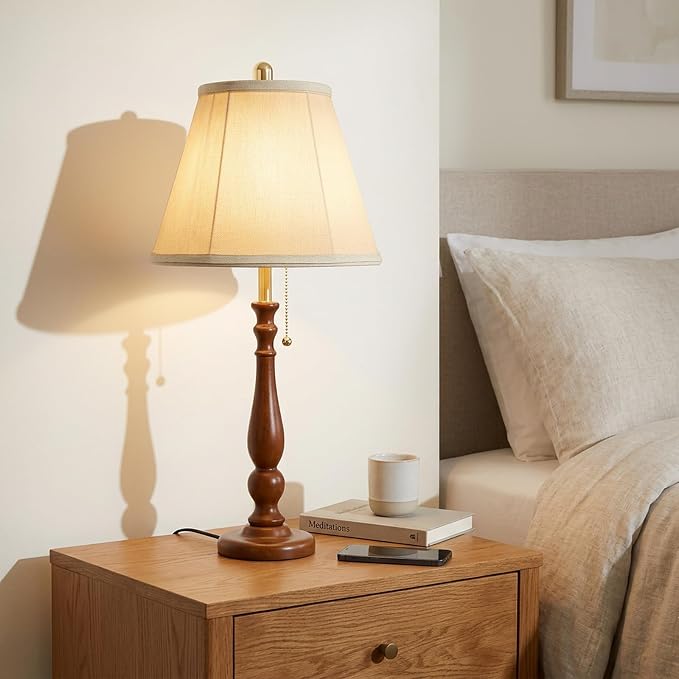 LALISU Farmhouse Table Lamps Rustic Bedroom Lamps for Living Room, 24.41" Boho Bedside Lamp with Chain Switch for Night Stands End Table Office Desk Lamp Nightstand with Linen Shades (Walnut)