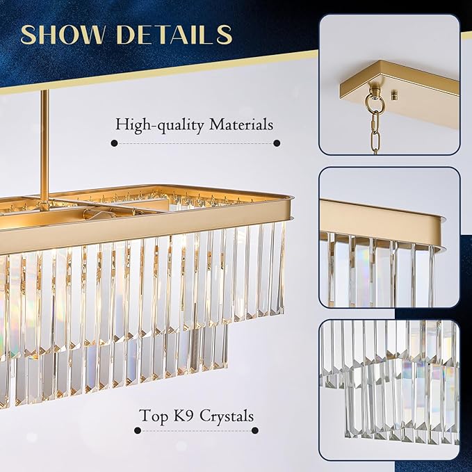 Rectangle Crystal Chandelier L40” 12 Lights Modern Gold Rectangular Long Chandeliers Luxury K9 Ceiling Pendant Light for Kitchen Island Dining Room Living Room Bar