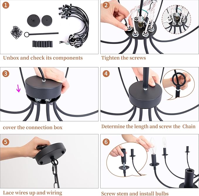 8-Light Black Chandelier, 26โ Farmhouse Chandelier for Dining Room Lighting Fixtures Hanging, Rustic Candle Modern Chandeliers for Living Room Bedroom Foyer Kitchen(Frosted Black)