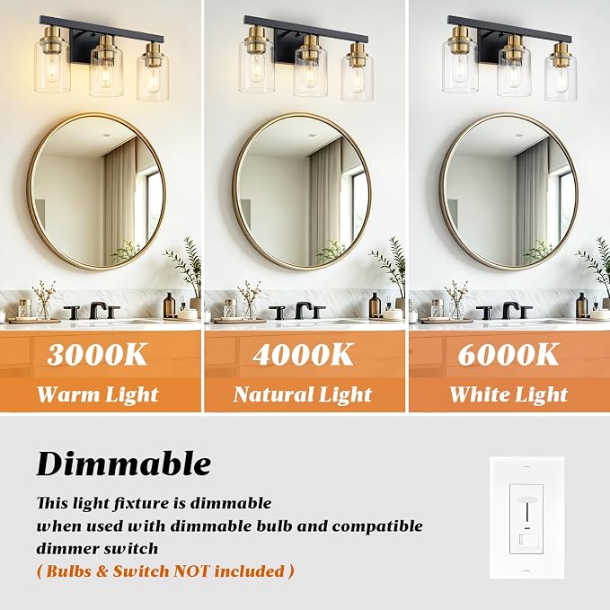 3-Light Bathroom Light Fixtures,Black and Gold Vanity Lights 17" | Modern Wall Sconce Lighting,Vanity Light Over Mirror with Clear Glass Shade,Farmhous Wall Mounted for Bathroom,E26 Base