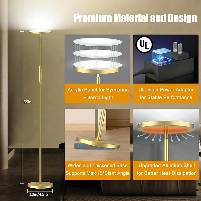Floor Lamp, Upgraded 40W 4000LM Super Bright Torchiere LED Floor Lamps for Living Room, Stepless Dimmable Color Temperature 2700K-6500K with Remote & Touch Control, Standing Light (40W Brushed Gold)