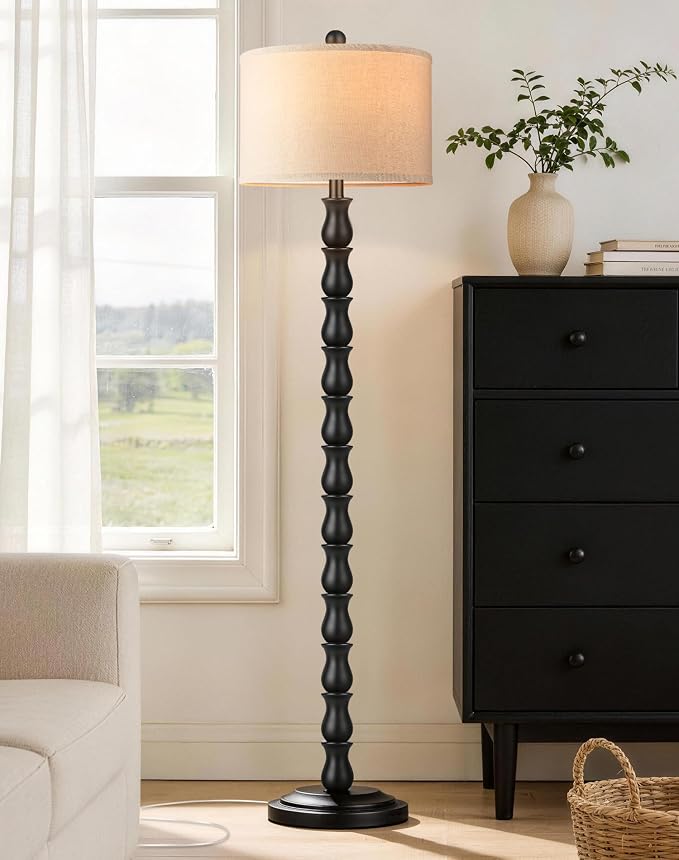 63.5" Rustic Floor Lamp for Living Room, Farmhouse Floor Lamp with Rotary Switch & Linen Shade, Vintage Resin Tall Standing Lamp for Bedroom Corner Office Home Decor, Black (LED Bulb Included)