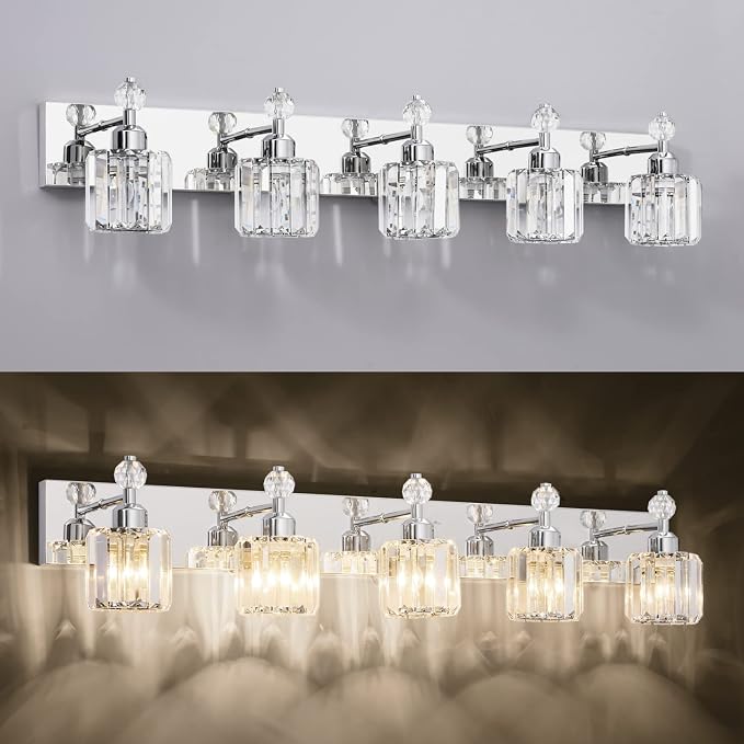 PRESDE Crystal 5-Light Vanity Light for Bathroom,Chrom Modern Bathroom Lights Fixtures Over Mirror
