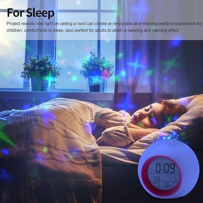 Tarklanda Kids Alarm Clock,Moon Stars Projector Alarm Clock,7 Color Changing Night Light,Snooze Touch Control Temperature for Kids’ Bedroom, Digital Clock for Girls Boys Children