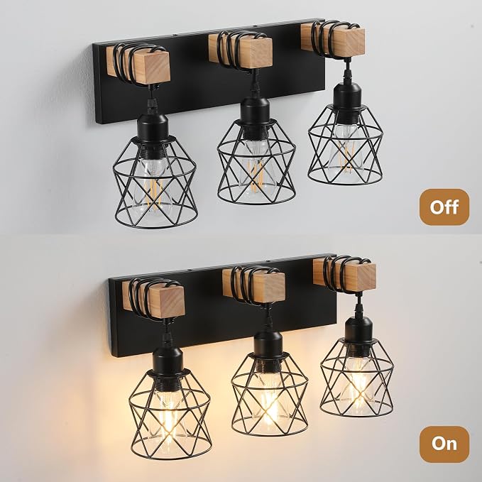 Farmhouse Vanity Light Fixture,3-Light Bathroom Lighting,Black Industrial Wood Wall Light Over Mirror with Metal Shade,Bulbs NOT Included