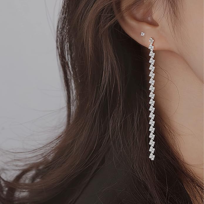 Luxval Rhinestone Earrings Dangling for Women Sparkly Silver Dangle Earrings Girls Long Chandelier Earrings Tassel Lightweight Ear Studs Cubic Zirconia Crystal Statement