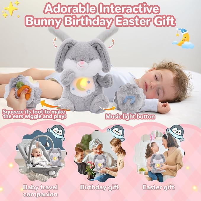 Breathing Stuffed Animal, Soothe Snuggle Bunny Plush, Sleep Buddy Soothing Stuffed Bunny for Anxiety Adults and Kids, Volume Control Easter Bunny Gifts with Realistic Breathing and Lights Music