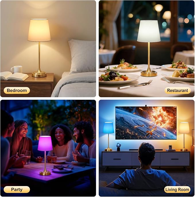 Wowag Cordless Table Lamp Rechargeable,5000mAh Battery Operated Desk Lamp,3 Colors & 7 RGB Stepless Dimmable,Touch Control Ambient Light for Bedside,Bedroom,Dining Room,Living Room,Gold,WhiteShade