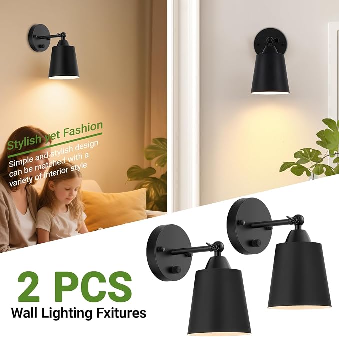 Dimmable Wall Sconces Set of Two, Bedside Wall Mount Lamp with Rotary Switch, Black Bathroom Vanity Lights with Metal Shade, Hardwired Swing Arm Wall Lights for Bedroom Living Room Hallway