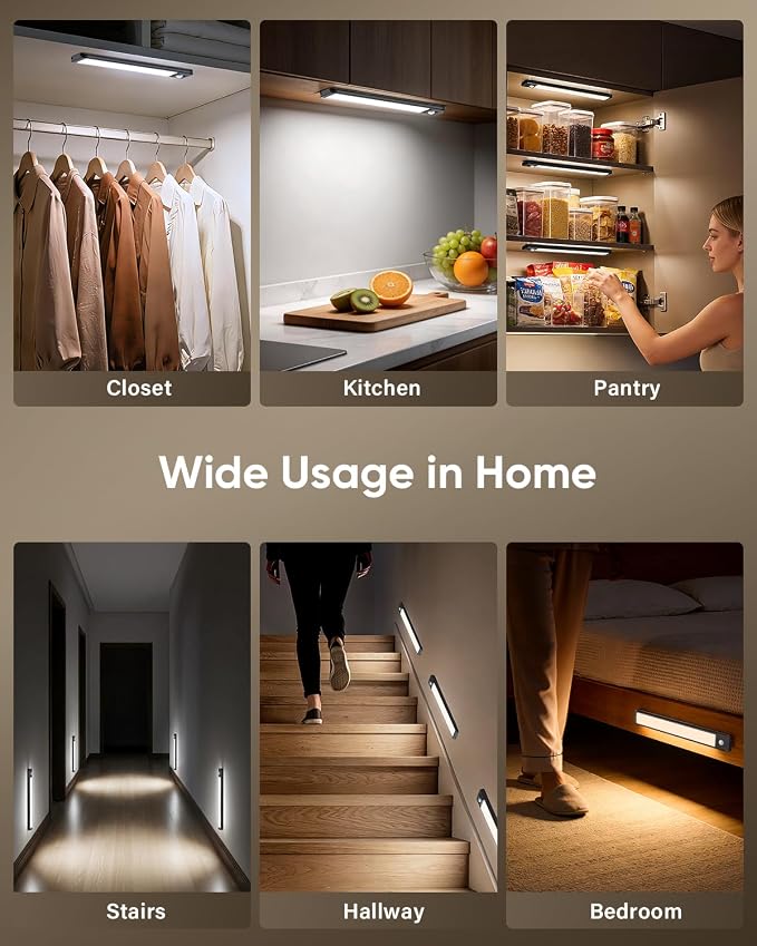 MCGOR 3 Pack 10inch Under Cabinet Lighting, Rechargeable Motion Sensor Light Indoor with 3 Color Temps, Dimmable Magnetic Led Closet Lights, Wireless Under Counter Lights for Kitchen, Stairs,Black