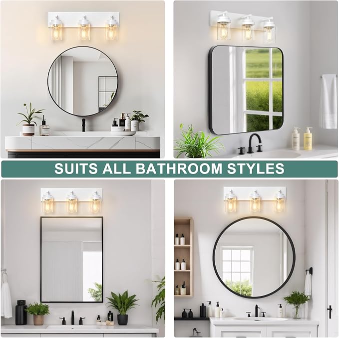 IZORRO Bathroom Vanity Light Fixture, 3-Light 22 Inch White Bathroom Light Fixtures Over Mirror, with Clear Glass Shade, Modern Farmhouse Vanity Lights, Rustic Restroom Lighting Fixtures