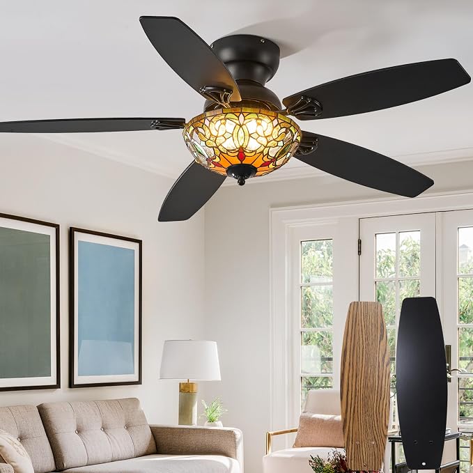 Tiffany Ceiling Fans with Lights-48"Ceiling Fan Chandelier and Glass Shade | 48" Ceiling Fan Chandelier with 5 Dual-Blades and Glass Shade, 6 Speeds and Reversible, Indoor and Outdoor, Retro Style