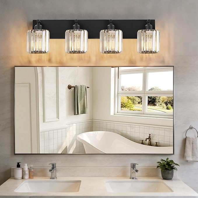 Black Crystal Bathroom Vanity Light, 4-Light Modern Bathroom Lighting Fixtures Over Mirror, Matte Black Wall Sconce Light Fixtures with Round Shade