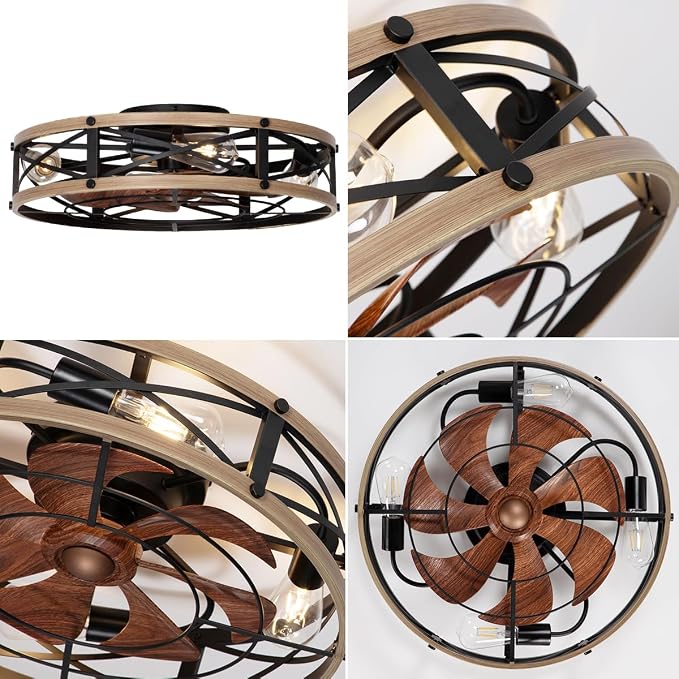 SHLUCE 22" Low Profile Caged Ceiling Fan with Light, Farmhouse Flush Mount Bladeless Ceiling Fans with Lights and Remote, Rustic Fandelier Ceiling Fan with Light for Kitchen, Bedroom - ETL