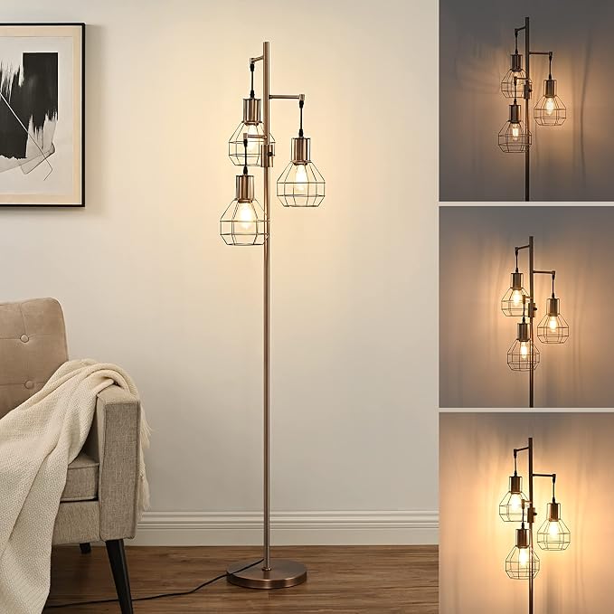 EDISHINE Dimmable Industrial Floor Lamp, Farmhouse Standing Lamp for Living Room, Bedroom, 3 LED Edsion Bulbs Included, Rotary Switch, 65in Rustic Tree Reading Lamps for Study Room, Office - Brown