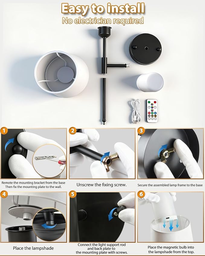 Adetu Battery Operated Wall Sconce Set of 2, Black Wall Sconces with 10000mAh