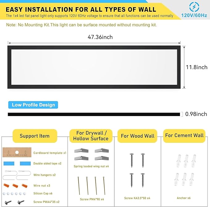 AIKVSXER 1PACK 1x4 LED Flat Panel Light Surface Mount LED Ceiling Light Black, 5500LM 50W TRIAC 10-100% Dimmable, 3000/4000/5000k Selectable Kitchen Ceiling Light Fixtures for Garage/Laundry
