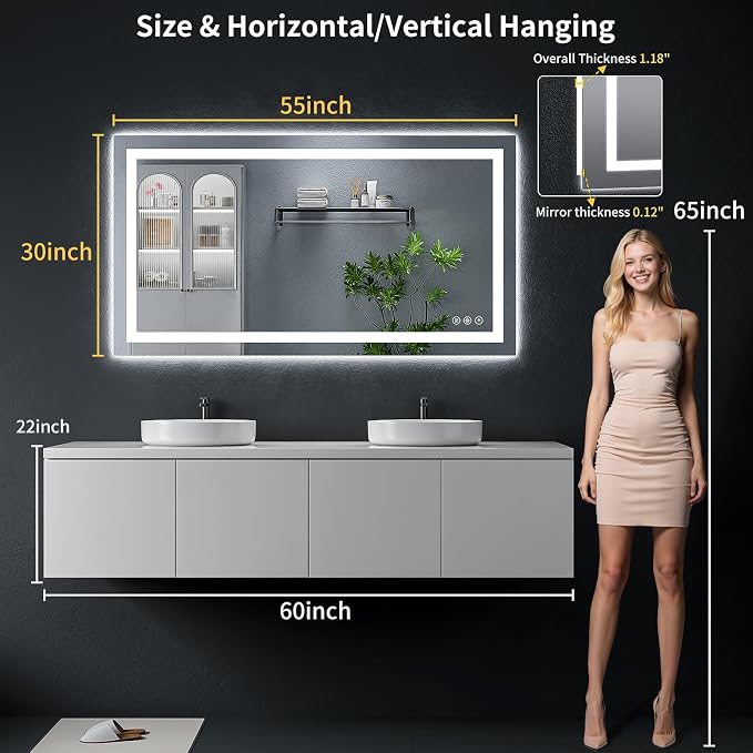 55"x30" LED Bathroom Mirror with Lights, Backlit+Frontlit, Anti-Fog | CRI 95, Stepless Dimmable, 3 Colors Lighting, Shatterproof Tempered Glass, HD Reflection, Memory, (Horizontal/Vertical)