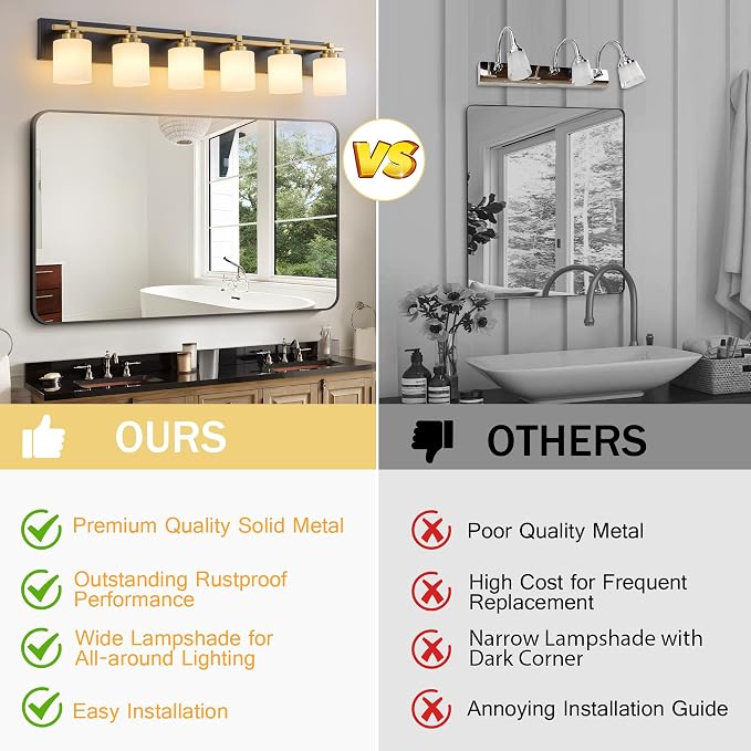 Modern Bathroom Light Fixtures Over Mirror, Vanity Lights for Bathroom Wall Sconces with Milky White Glass Shades, E26 Socket (Bulbs Not Included), 6 Light, Black Gold