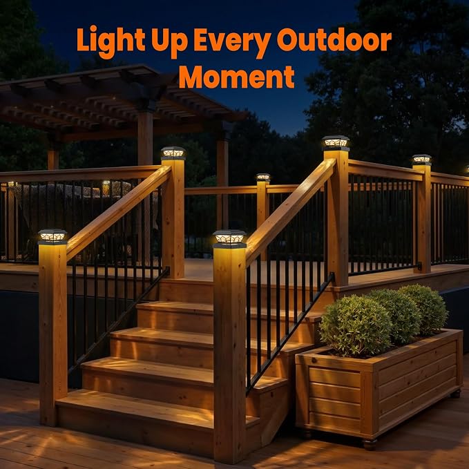 4x4 3.5x3.5 Solar Post Cap Lights 6-Pack Black | 2 Modes (Warm/Cool White), 16LEDs, for Wooden/Vinyl Posts, IP65 Waterproof, Outdoor, for Fence, Deck, Patio, Yard, Porch