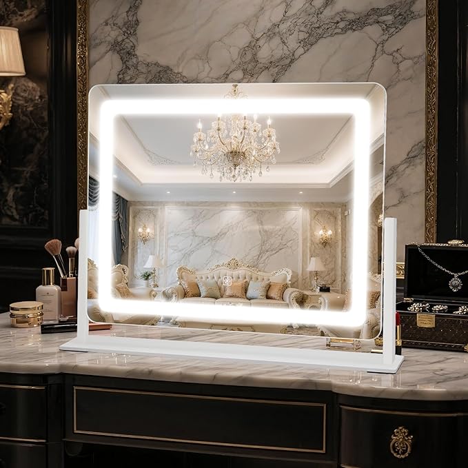 Vanity Mirror with Lights 22"×17", Large LED Makeup Mirror with Light, Smart Touch with 3-Color Lighting, Dimmable, 360° Rotation, Desk Mirror, Vanity Mirror Tabletop (White)
