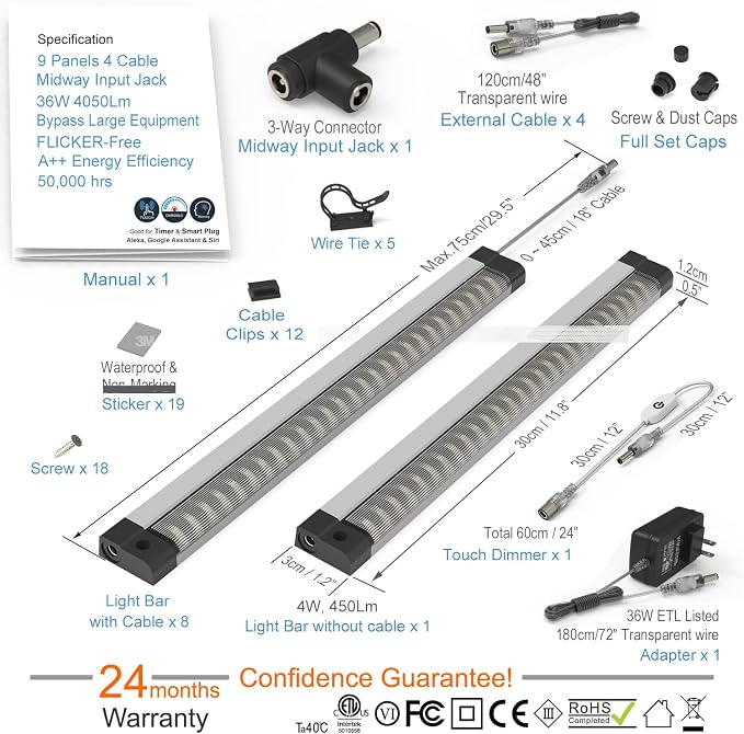 EBD Under Cabinet Lighting Plug in 9 Pcs 12 Inch, Dimmable No Messy Wires Built-in Adjustable Cable LED Light Bar, T-Connector Counter Lights for Smart Plug Kitchen Home Office 6500K 4050Lm 4 Cables