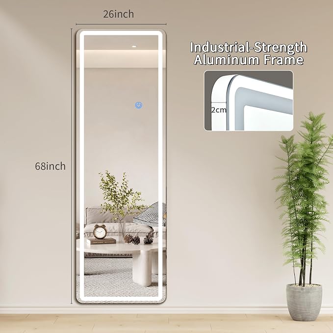 Koonmi Full Length Mirror with LED Lights, 68"x26" Lighted Mirror with Dimming & 3 Color Lighting, Big Mirror for Bedroom, Dressing Room, Rectangle,White