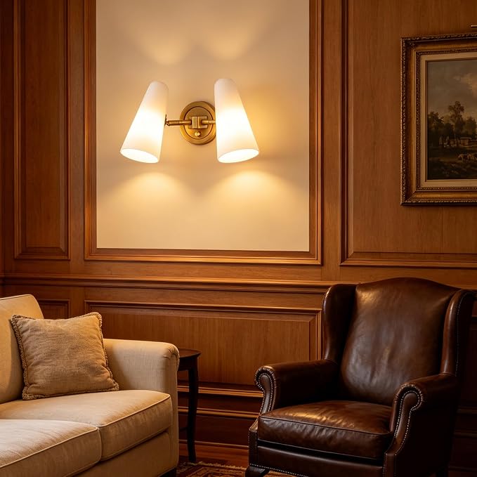 Modern 2-Lights Wall Sconces Lighting with Rotatable Frosted Milk White Glass Dimmer ON/Off Switch Gold Brass Bathroom Vanity Light Fixtures Indoor Wall Light for Mirror Living Room Bedroom