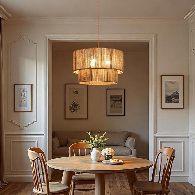 18” Plug in Pendant Light, Hanging Light Fixture with Hemp Rope Lampsahde, Handwoven 2 Tier Drum Boho Plug in Chandelier for Dinning Room, Bedroom and Living Room