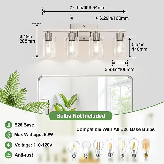 4-Light Bathroom Light Fixtures, Brushed Nickel Vanity Lights, Bathroom Lighting with Clear Glass Shade, Vanity Lighting fixtures for Mirror Kitchen Bedroom Hallway Living Room