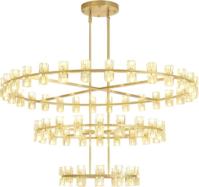 3 Tier Gold Wagon Wheel Chandelier,Extra Large High Ceiling Light,124-Light Round Chandeliers for Foyer Entryway Dining Room Living Room (Dia 59"+40"+24")
