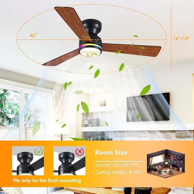 46" 3-Blade Brown Low Profile RGB Ceiling Fan with Light and Remote/APP | 11 RGB Modes,Reversible 6 Wind Speeds,Dimmable 3 CCT LED, 25W Quiet DC Motor,Timer,6 Double-Sided Blades,for Kidsroom Party