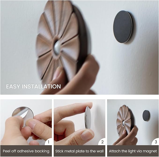 Motion Sensor Night Light, Rechargeable Wooden Flower Lights, Magnetic | Flower Night Light 2Pack, Warm White 3000K , Magnetic Stick-on , Sensor Light for Stair, Hallway, Bedroom, Black Walnut