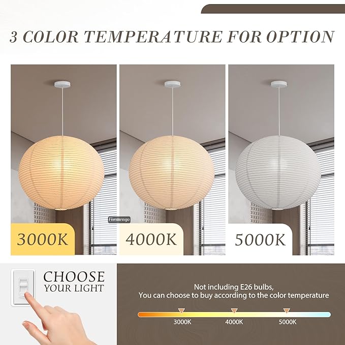 Large Rice Paper Pendant Light 2 Pack, 20in White Globe Paper Lantern Lights, E26 Base, Japanese Hanging Lantern Lamp Japandi Chandelier for Dining Room Bedroom Office Living Room