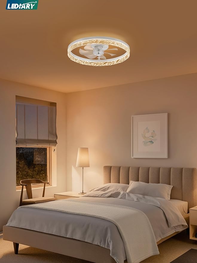 LEDIARY 20" Modern Ceiling Fans with Lights and Remote, White Fandelier | Dimmable Low Profile, Flush Mount Ceiling Fan, Stepless Color Temperature Change, 6 Speeds, Bedroom, Living Room, Kitchen