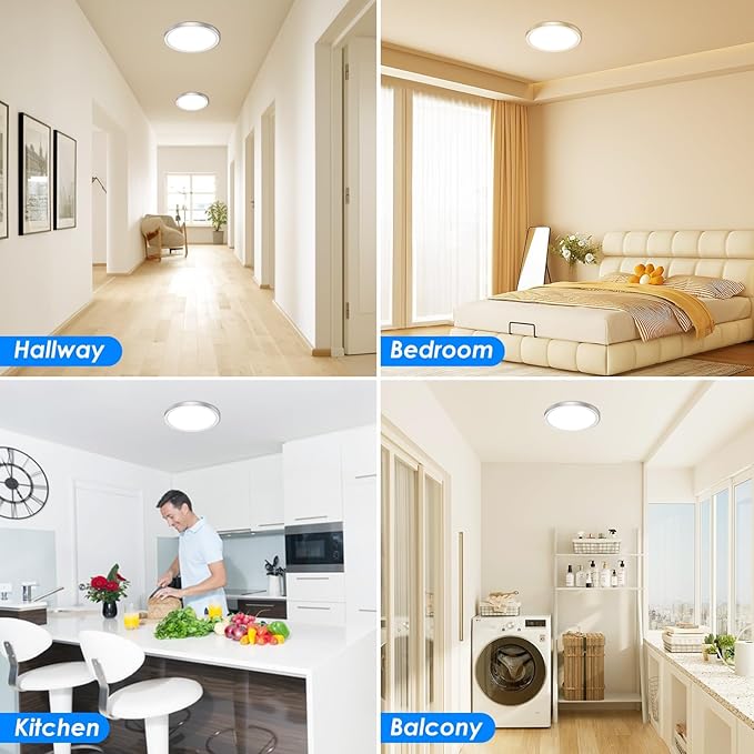 Peasur 12 Inch LED Ceiling Light Brushed Nickel, 24W Slim Flush Mount Ceiling Light 3000K/4000K/6500K Adjustable, Modern Round Ceiling Lighting for Bedroom, Living Room, Kitchen