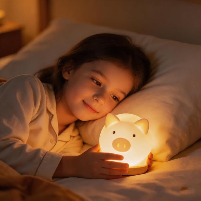 Cute Pig Night Light for Kids, Kawaii Cartoon Nursery Lamp, Battery Powered Resin Nightlight, Kids Room Decor Bedside Lamp, Adorable Animal Gift for Birthday Baby Shower