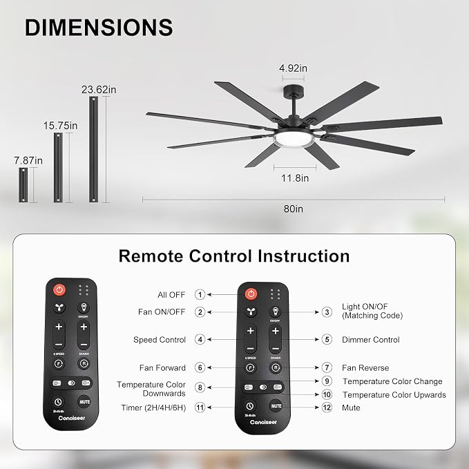 80 Inch Ceiling Fans with Lights and Remote,Living Room Office Library Cafe Outdoor, 5CCT Dimmable, Dual Color 8 Blades, 6 Speed Reversible Quiet DC Motor, Dual-Layer Shade, Black/Wood Grain