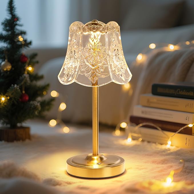 Shenmoyl Cordless Touch Table Lamp with 5200mAh Battery - 3 Adjustable Color Temperatures & Dimmable, Rechargeable Desk Lamp for Bedroom, Living Room, Office, Entryway, Bookshelves (Transparent Rose)