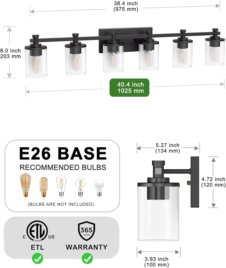 Bathroom Light Fixture, Bathroom Vanity Light Over Mirror, 6-Lights | Vanity Lights for Bathroom, Modern Lighting Fixtures with Clear Glass Shade, Black Vanity Lights, ETL Listed